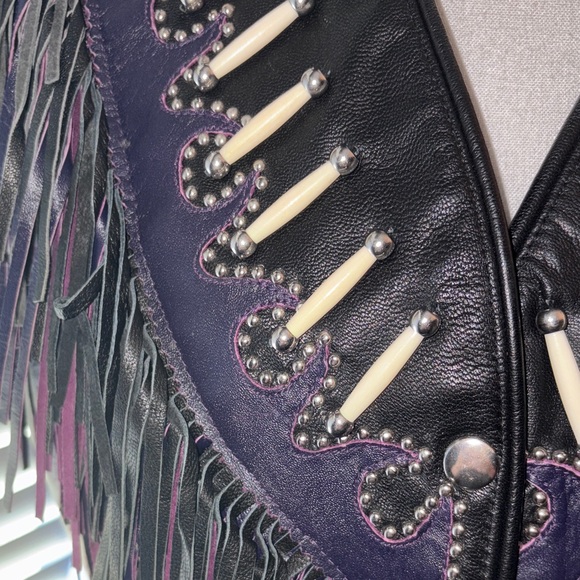 🟣 Western Wear by Shaf Leather Vest – Purple & Black Fringe, Bone & Silver Stud - Picture 7 of 14